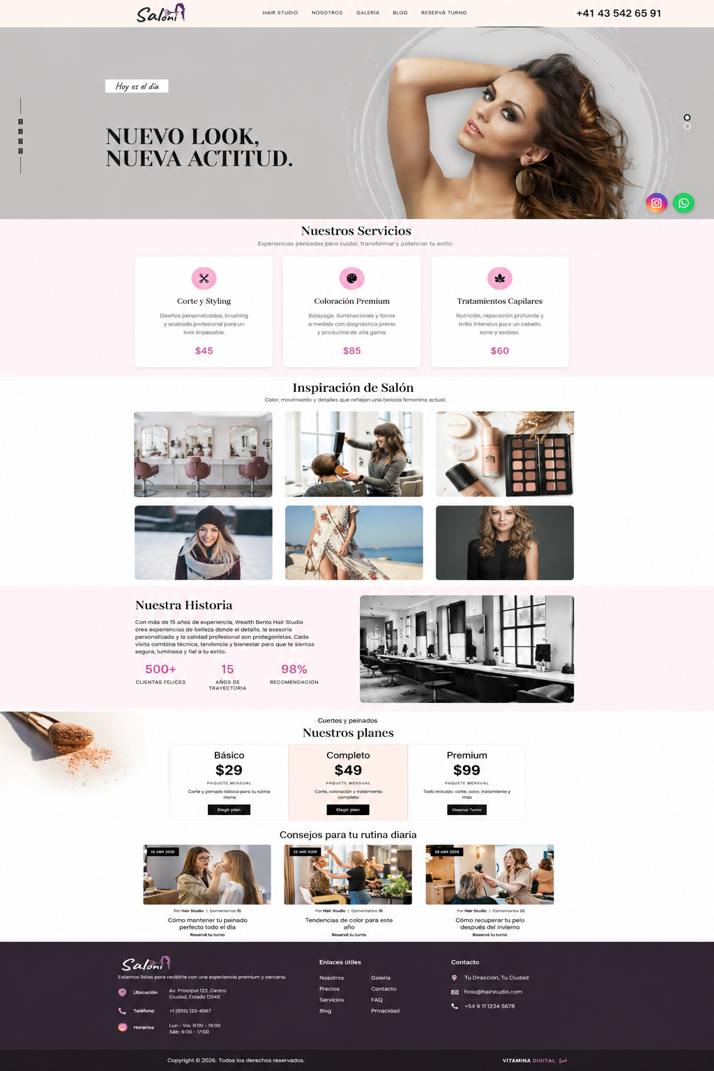 Diseño web minimalista para peluquería femenina con imagen refinada y enfoque en marca